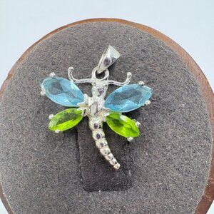 VTG Sterling Silver 925 Blue Green Gemstone Dragonfly Pendant Size 0.75" Length